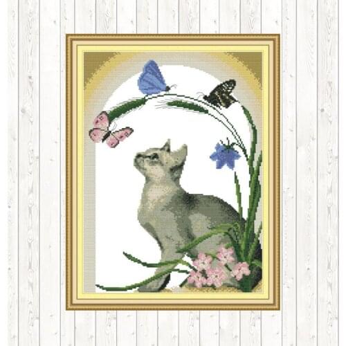 Cat and Butterfly Needlework Embroidery Patterns Cross Stitch Package DIY Crafts Embroidery Kits 14ct 11ct Count Print Canvas
