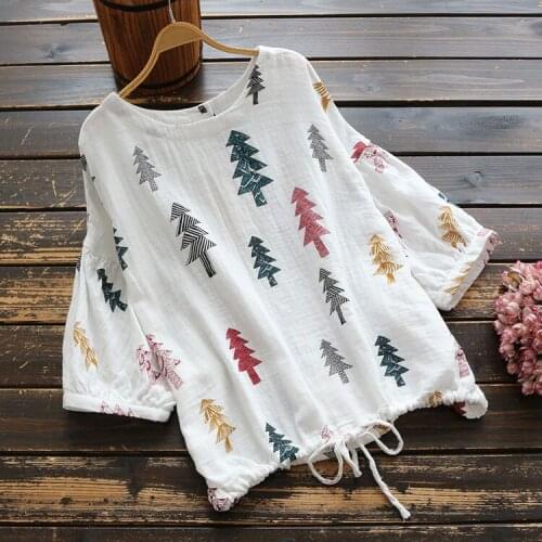 Summer 2020 Tree Printed Female Cotton Shirt Half Sleeve O-Neck Leisure Tops Comfort Drawstring Hem Back Button Blouses