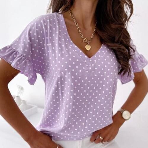 Womens Shirt 2021 Fashion Short Sleeved Polka-dot Women Tops New Summer V Neck Casual Loose Blouse Female Clothing Chic 14086