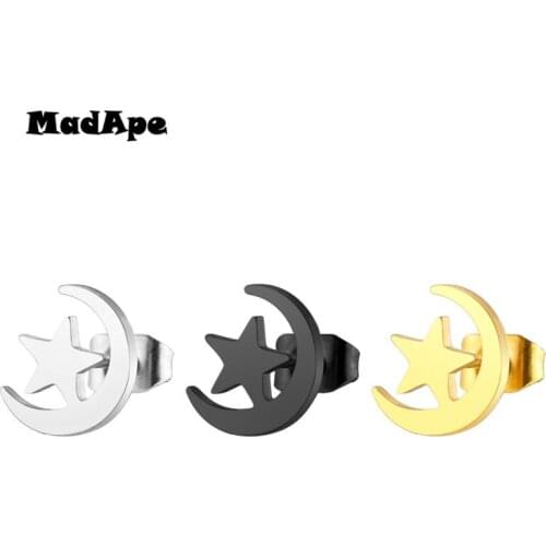 MadApe New Fashion Star Moon Stud Earrings 2019 Stainless Steel Earrings For Women Earrings Gold Silver Color Black Color Earing