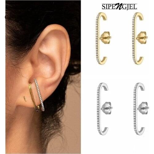 SIPENGJEL Gold Silver Color Geometric Earrings Single Row Crystal Long Bar Ear Studs Earrings For Women Party Jewelry