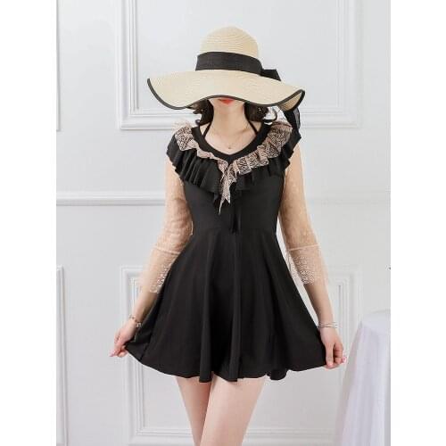 2020 Women One Piece Swimsuit Sexy Long Sleeve Patchwork Black-Pink Transparent Lace Rash Guard Surfing Bathing Suit