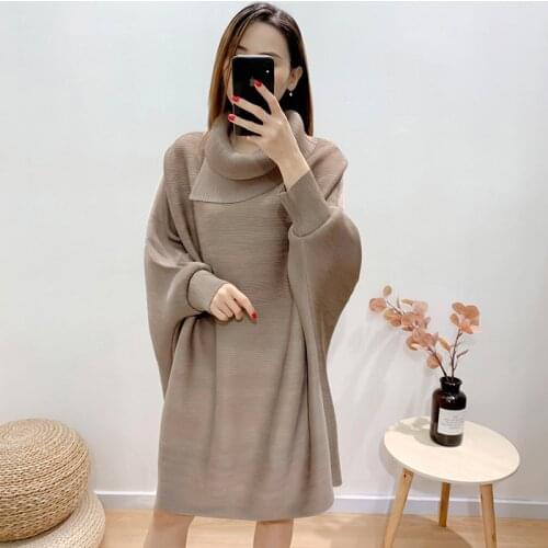 Issey miyake pleated high-neck plus size ruched dress 2021 autumn temperament loose bat sleeve bottoming folded dress for woman