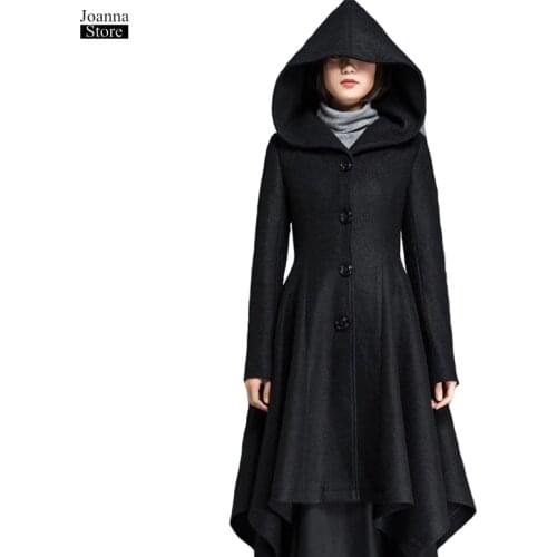Winter Coat Women Wool Long Plus Size Shirt Coats Black Coat Autumn Vintage Clothes Korean Style Woolen Solid Color Hooded Coats
