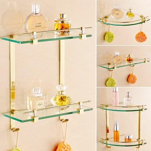 Gold Brass Corner Shelf Wall Mounted Bathroom Accessories Set Smooth Mirror Corner Rack Glass Bath Shelf Towel Rack Wall Holder