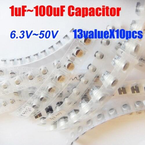 13valuesX10pcs=130pcs SMD 6.3V~50V Aluminum Electrolytic Capacitor 4*5 5.5 Assortment Kit Pack for Computer Motherboard