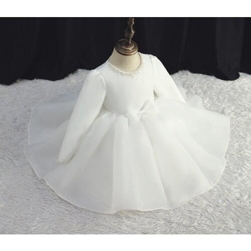 White Lace Beads Big Bow Baby Girl Dress Newborn Birthday Party Wedding Gown For Princess Evening Dresses Kid Baptism Clothes