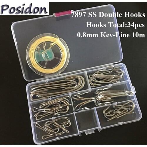 Posidon 34 Pcs/Set 7897 Stainless Steel Big Double Fishing Hooks Large Double Non-Weld Fish Hooks For Trolling Lures Kevlar Line