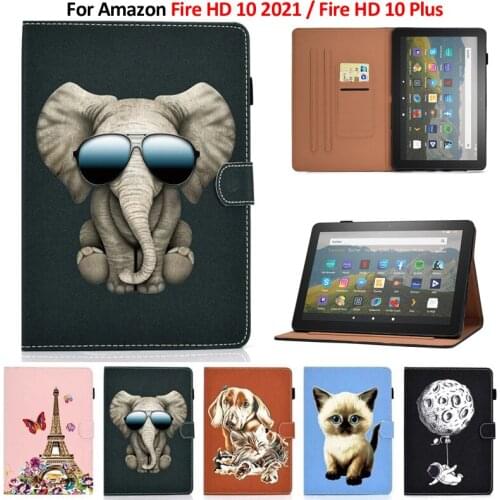 Funda For Fire HD 10 2021 Case Puppy Elephant Cat Magnetic Flip Stand Tablet Case For Fire HD10 2021 Fire HD 10 Plus 11th Gen