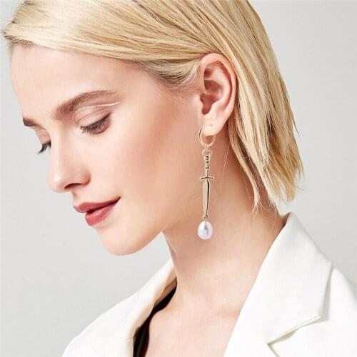 Sword earrings for women Gothic Gold long pearl Moon coin peal earrings 2020