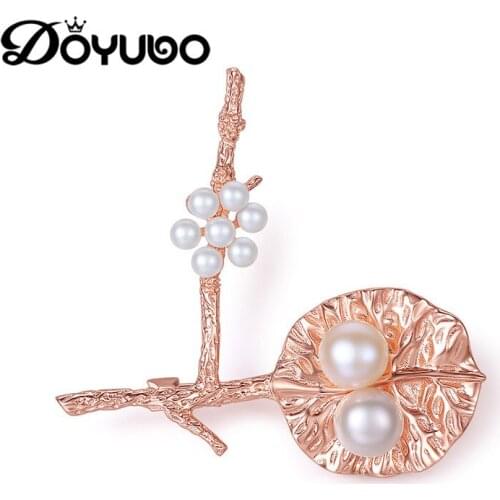 DOYUBO New Arrival Womens Silver Freshwater Pearl Brooch Brand Design Flower & Leaf Solid Silver Brooch Fine Accessories VH012