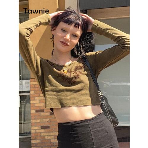 Gitana Y2K Vintage Print Long Sleeve T Shirts Women Kawaii O Neck Tees Basic Crop Tops Female Clothing Fairy Grunge Streetwear