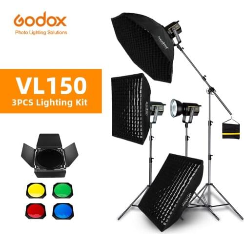 Godox 3pcs VL150 150W 5600K White Version LED Video Continuous Light + 70x100cm Grid Softbox + 2.8m Light Stand Studio Light
