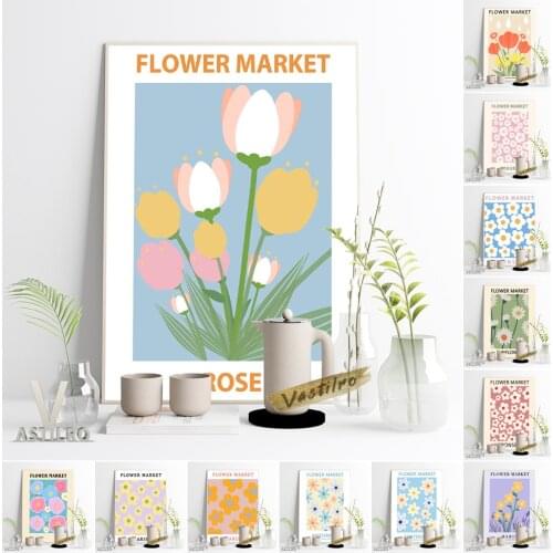 Flower Market Collection Exhibition Wallpaper Poster Muted Tones Minimalist Wall Decor Sakura Heronsbill Rose Canvas Painting
