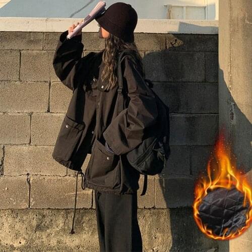 Hip-hop cargo jacket women winter Korean vintage casual black long-sleeved coat streetwear Harajuku Gothic oversize outerwear