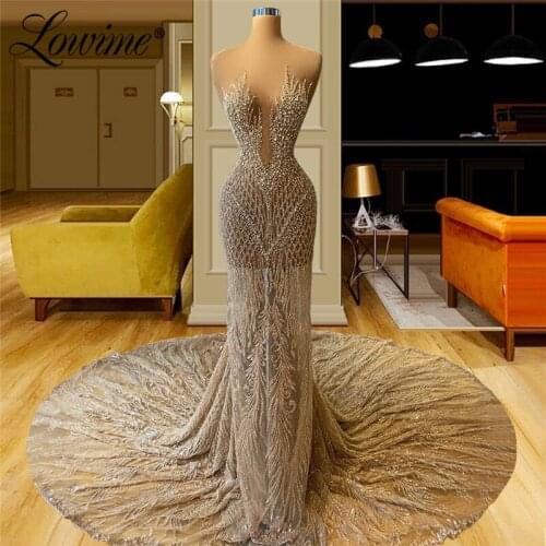 Lowime Sparkly Beads Long Train Evening Dresses Arabic Champagne Formal Women Party Dress 2021 Custom Made Mermaid Prom Dresses