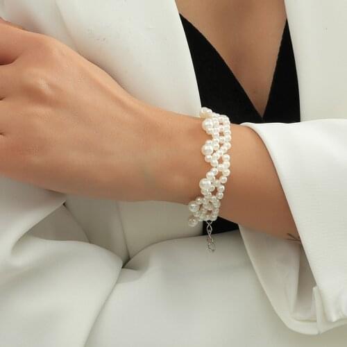 Trendy Simple Female Handmade Beaded Weave Crown Shape White Simulated Pearl Bracelets For Women Party Jewelry Gifts