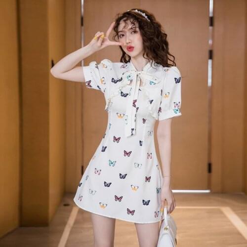 New arrival fashion korean summer mini dress women OL elegant sweet fresh print vintage short sleeve ruffle holiday beach dress