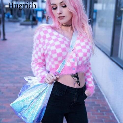 Ins New Fashion Pink Short Open Navel Womens Sweater Checkerboard Marten Knitted Cardigan Coat 2020