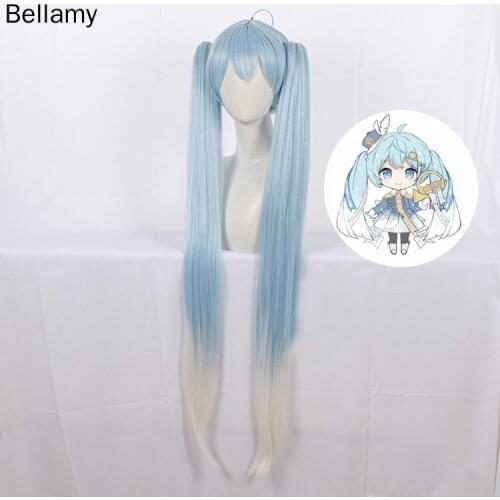 Anime 2020 VOCALOID Snow Miku Cosplay hairwear Blue white gradient Long Cosplay Wig +Wig Cap