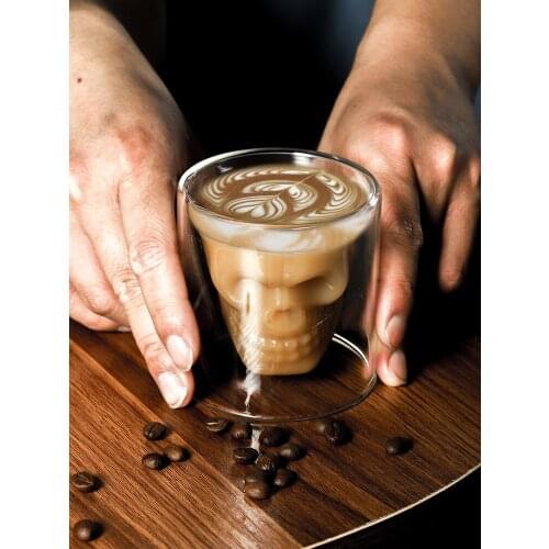 Net Red Coffee Cup Exquisite Transparent Double Glass Cup Skull Head Wine Glass Whiskey Personality Ins Wind Latte Cup