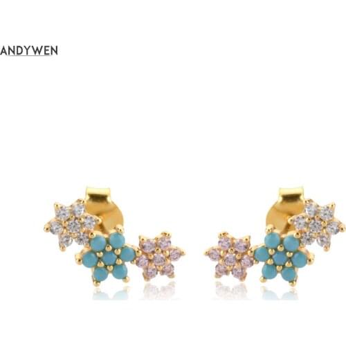ANDYWEN 925 Sterling Silver Three Color Purple Turquoise Clear Flower Stud Earring Piercing Pendiente Tiny Crystal Fine Jewelry