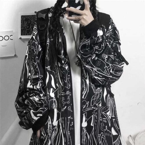 Loose Hooded Sweatshirt Korean Fashion Cardigan Zipper Graffiti Printing Harajuku Streetwear Casual Y2k Top Itself Kawaii Grunge