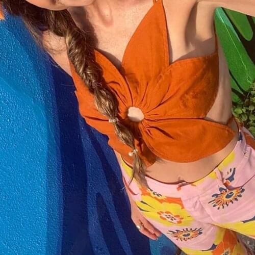 BKLD Streetwear 2000s Sexy Backless Lace Up Strappy Tops Spaghetti Strap Art Flowers Shape Chic Women Hollow Out Folds Camisoles