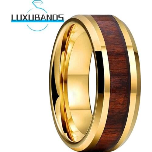 Tungsten Wedding Rings For Men Women Rose Gold Gold Beveled Edges Wood Inlay Engagement Bands Polished Finished Comfort Fit