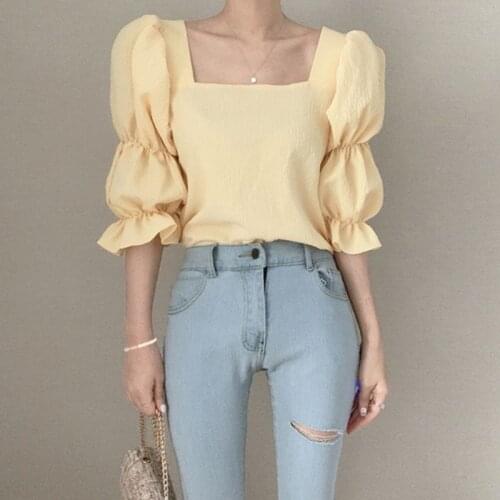 2021 New Summer Vintage Puff Sleeve Blouse Square Neck Women Shirts Tops Sexy Slim Girls Blouse Corset Top Blouse