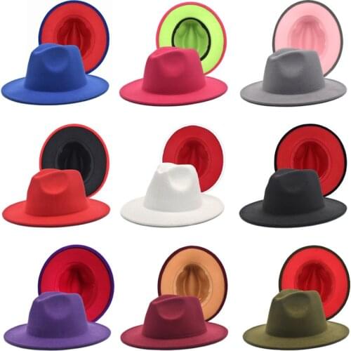 2021 New Fedora Hats Women Splicing Color Wool Felt Wide Brim Jazz Hat Vintage British Classic Panama Gamble Blue Jazz Cap F65