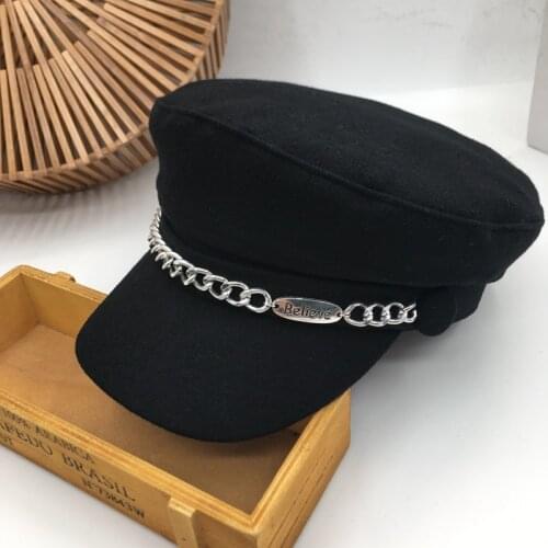 Womens cap automn and winter female caps hat with chains Japanese new wool black navy caps for women