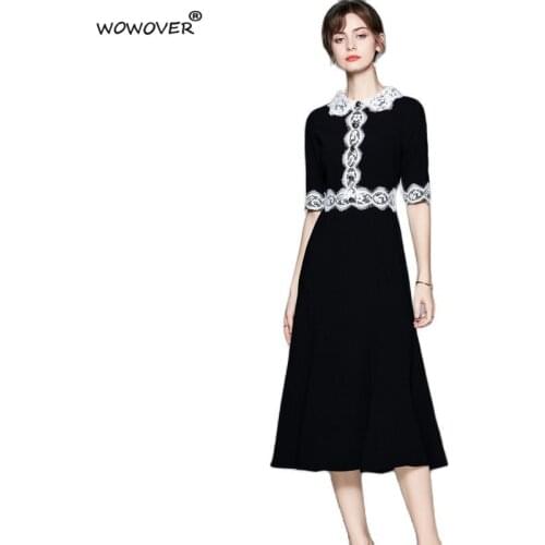 Elegant Lady Lace Patchwork Designer Runway Midi Party Dresses Woman Summer 2021 Female Clothing Black Aline Office Vestidos