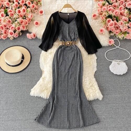 Vintage Dress Wmen Summer Elegant O-neck Patchwork Chiffon Striped Dresses Female High Waist Slim Bag Hip Evening Robe