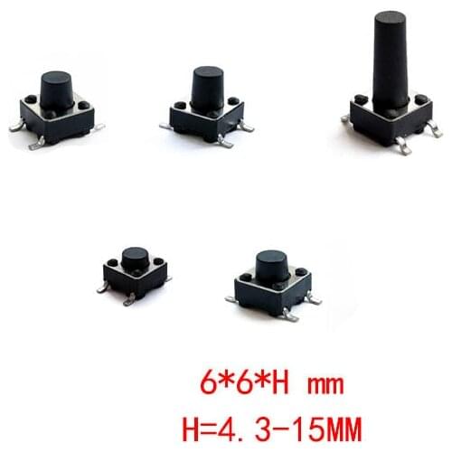 100pcs/batch 6*6*4.3-15mm 6X6X5 4-pin light touch button switch directly inserted into the self-resetting top pure copper SMT