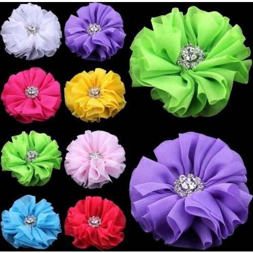 120pcs/lot 6.5cm 15colors Ruffled Ballerina Chiffon Hair Flower With Rhinestone Button Artificial Fabric Flowers For Headbands