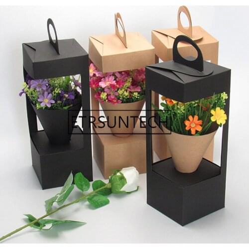 50pcs Flowers Packaging Gift Boxes Floral Gift Bag lighthouse design Creative folding floral Packing Box Black/Brown