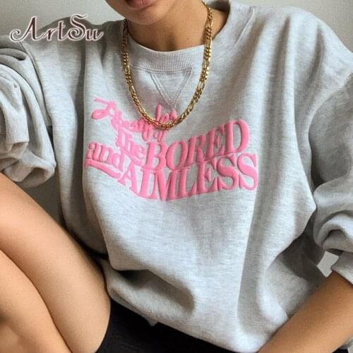 ArtSu Autumn Women Y2K Letter Printing Oversized Sweatshirts E-Girl Vintage 90s Crewneck Long Sleeve Loose Tops Outfits HO52028