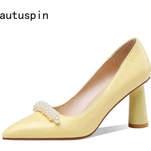 Autuspin New Design Pearl Decoration Shoes Women Elegant Fashion Sheepskin High Heel Lady Office Work Party Dating Pumps Leather