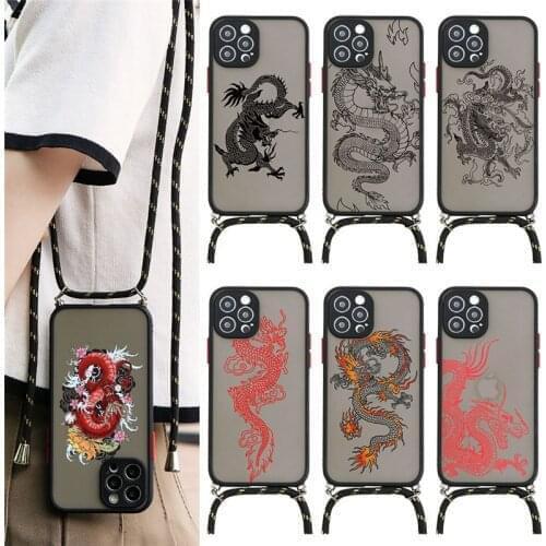 Dragon Phone Case For iPhone XR X XS 11 12 Pro Max Mini 6S 7 8 Plus SE 2020 Fashion Animal Hard PC Lanyard Strap Cord Rope Cover