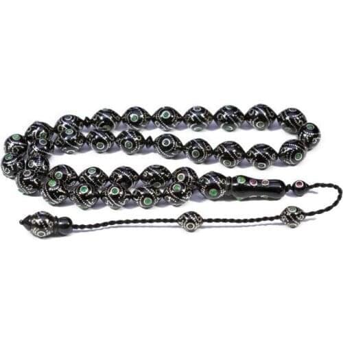 Jet Rosary (Tasbih) with Silver Emerald Inlays