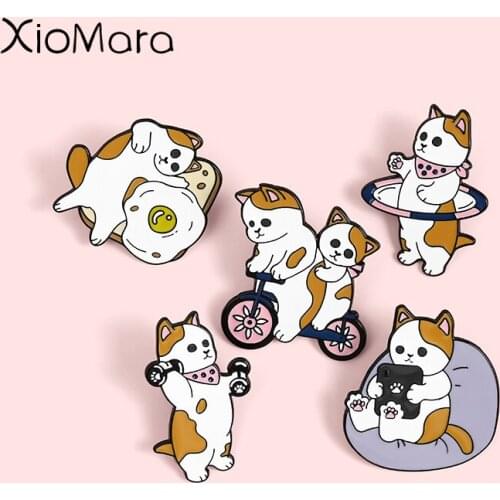 Cats' Healthy Lifestyle Enamel Pins Cute Animals Fashion Brooches Lapel Badges Wholesale Cartoon Pin Jewelry Gifts for Friends