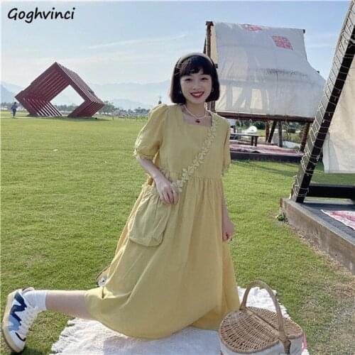 Short Puff Sleeve Dresses Women Solid Square Collar French Dress Sweet Preppy Japanese Style Loose Simple Summer Vintage Chic