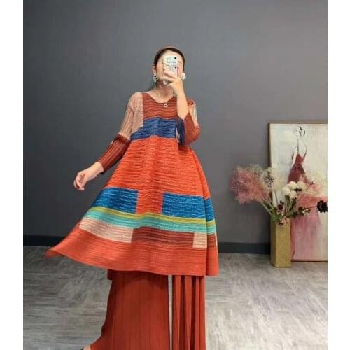 HOT SELLING Miyake Fold fashion print o-neck Nine points sleeve loose big A-Line dress IN STOCK
