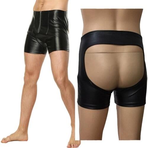 Men Sexy PU Leather Wet Look Open Butt Gay Boxer Brief Night Club Shorts Underwear Fetish Role Play Costume Lingerie
