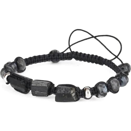 Natural Rough Black Tourmaline Healing Stone Bead Chunky Faceted Labradorite Rope Adjustable Macrame Energy Bracelet Unisex