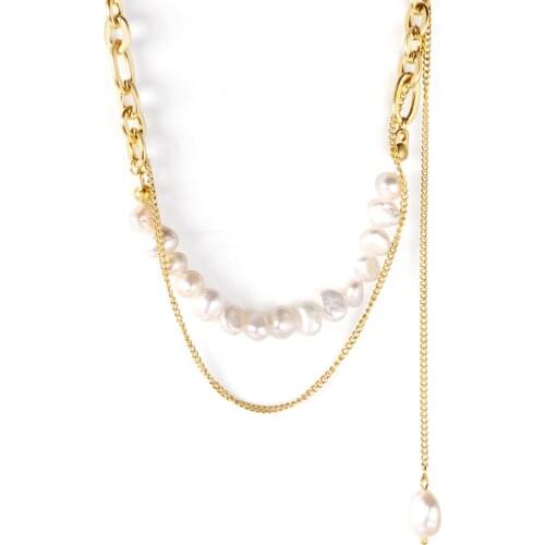LUXUSTEEL 2021 Imitation Pearl Pendant Necklaces Gold Color Collars Stainless Steel Double Chains Fashion Jewelry Women Gif