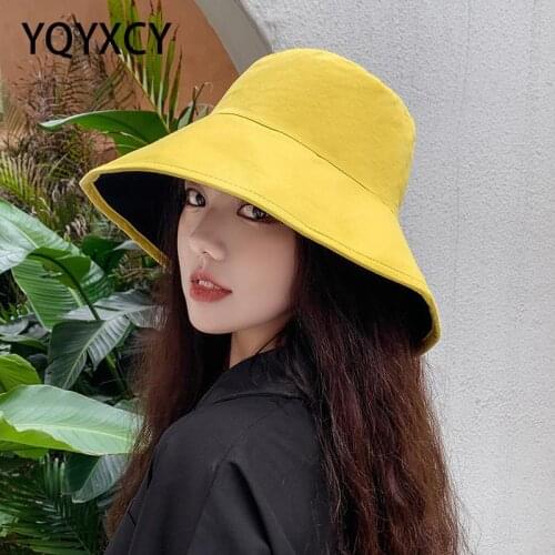 Bucket Hat Women Fashion Double Sided Fisherman Hat Solid Color Big Wide Brim Summer Sun Hat Outdoor Casual Sunshade Cap