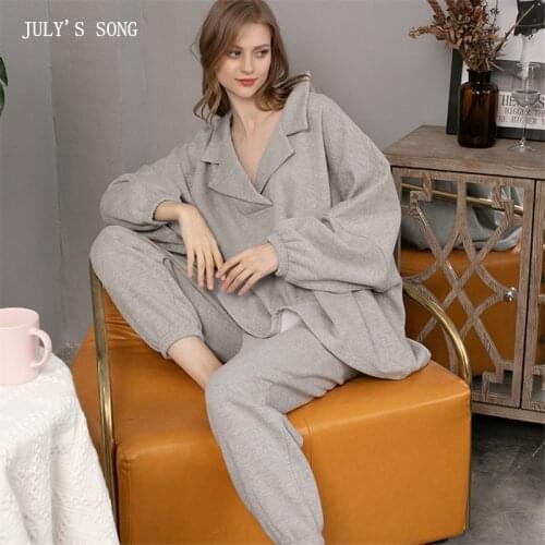 JULYS SONG Winter Pajamas Set Thickening 2 Pieces Women Solid Color Casual Loose Warm Sleepwear Elegant Autumn Nightwear Pyjama