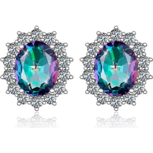 Rainbow Topaz Silver Earrings Stud For Women Mystic Topaz Jewellery Oval Gemstones With Zircon Bohemia Pendientes Recommend